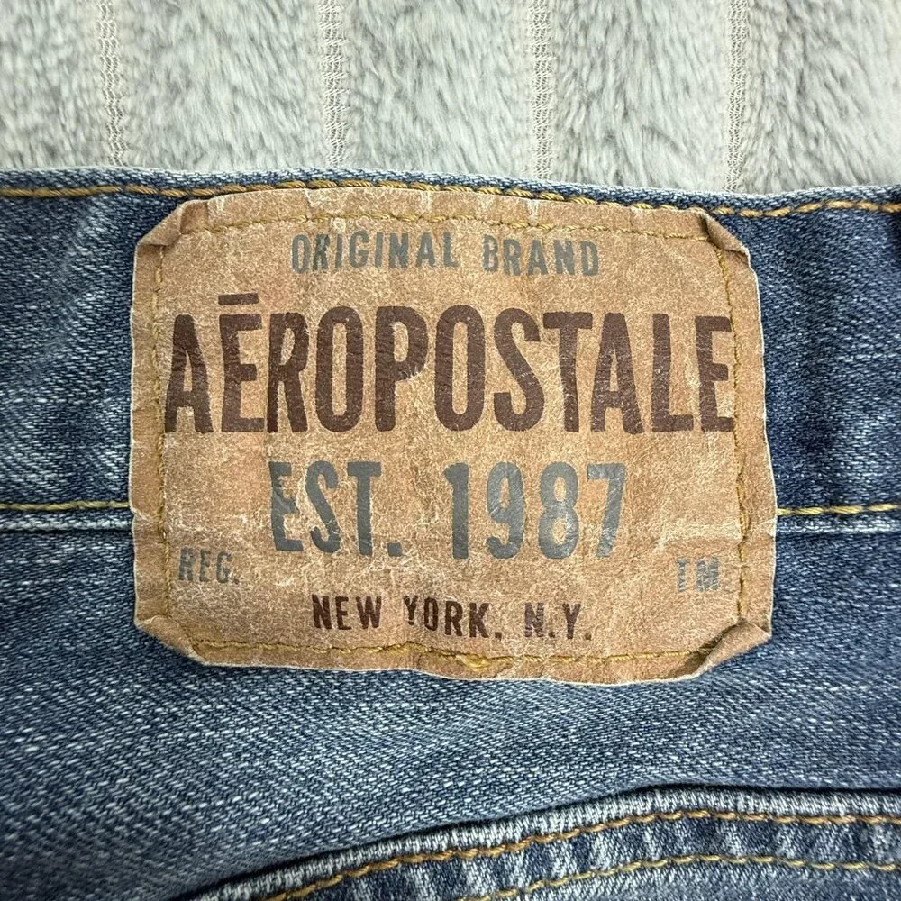 Aeropostale Essex Straight Leg Jeans Mens 30 Blue Distressed Ripped Grunge Denim